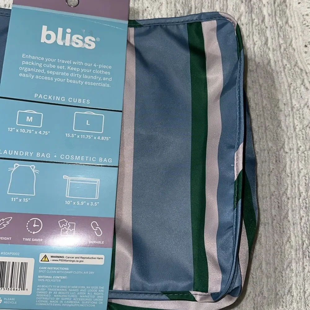 bliss Blue Green Blush Pink Mesh Stripe 4pc Travel Packing Cube Set